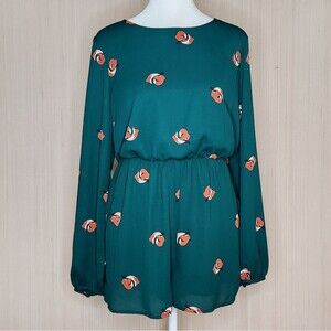 Everly Long Sleeve Shorts Romper Hunter Green Fox Print Lined Women's Size Small